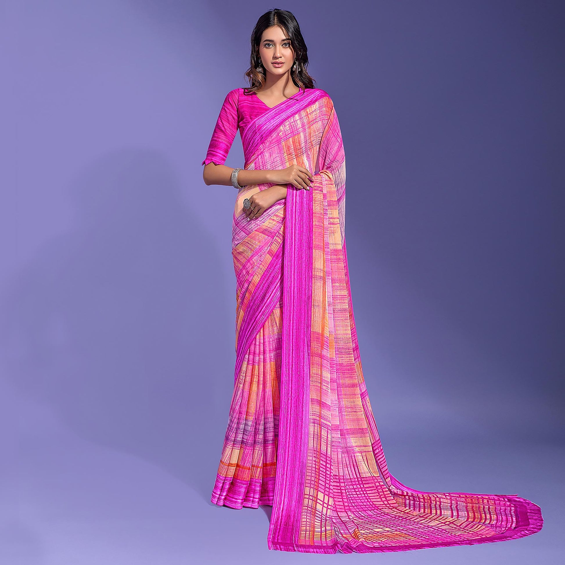 Magenta Printed Chiffon Saree