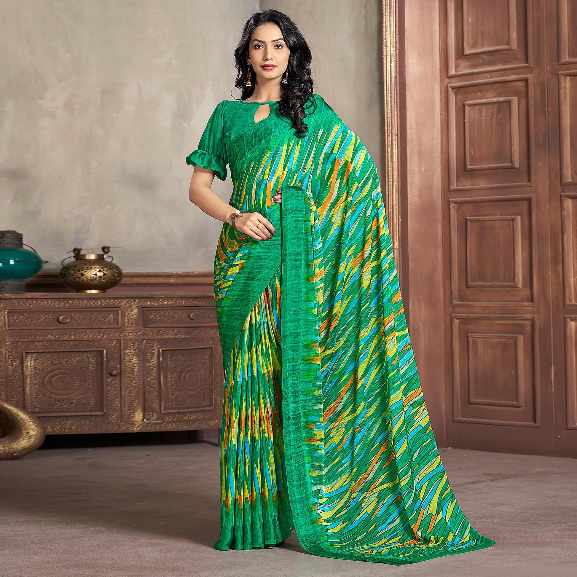 green-printed-chiffon-saree-with-woven-border