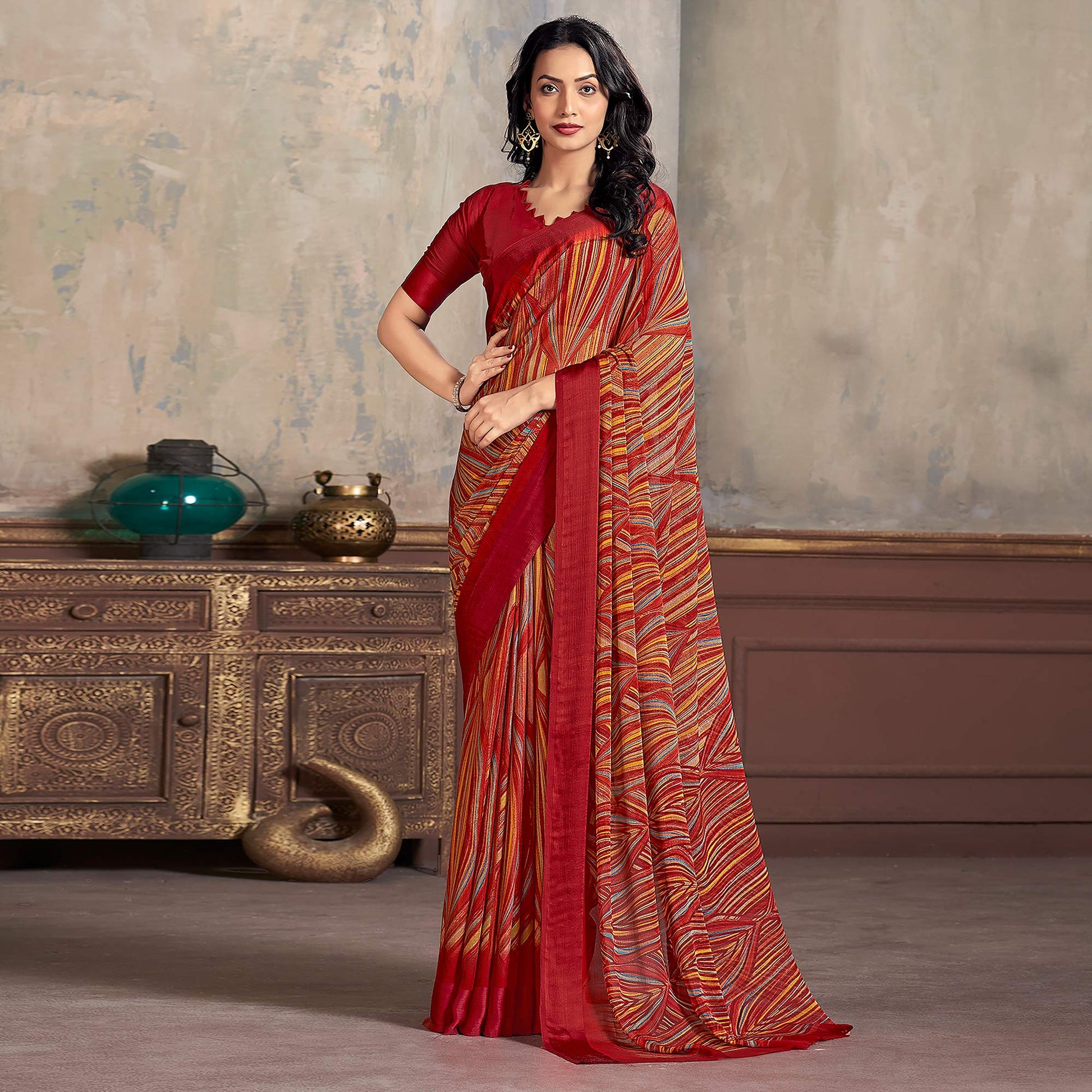 Maroon Printed Chiffon Saree With Woven Border