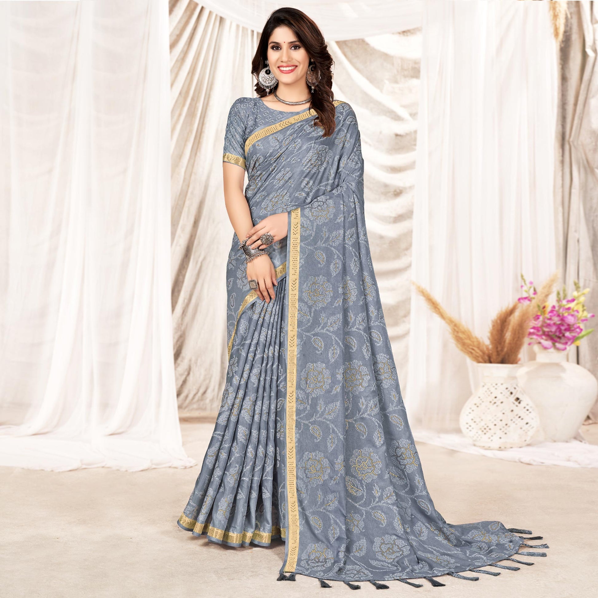grey-foil-printed-tussar-silk-saree-with-tassels