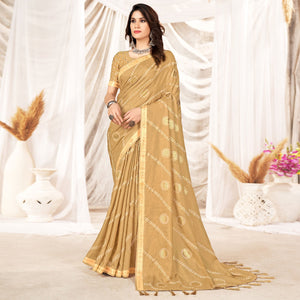 Chikoo Foil Printed Tussar Silk Saree With Tassels