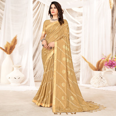 Chikoo Foil Printed Tussar Silk Saree With Tassels