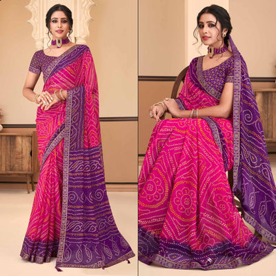 Magenta & Purple Bandhani Printed Chiffon Saree With Lace Border