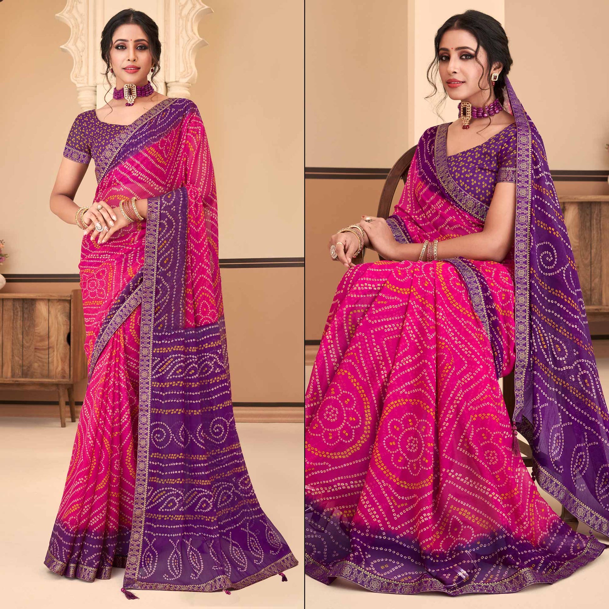 Magenta & Purple Bandhani Printed Chiffon Saree With Lace Border