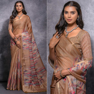 Chikoo Digital Printed Linen Saree With Woven Border