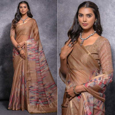 Chikoo Digital Printed Linen Saree With Woven Border