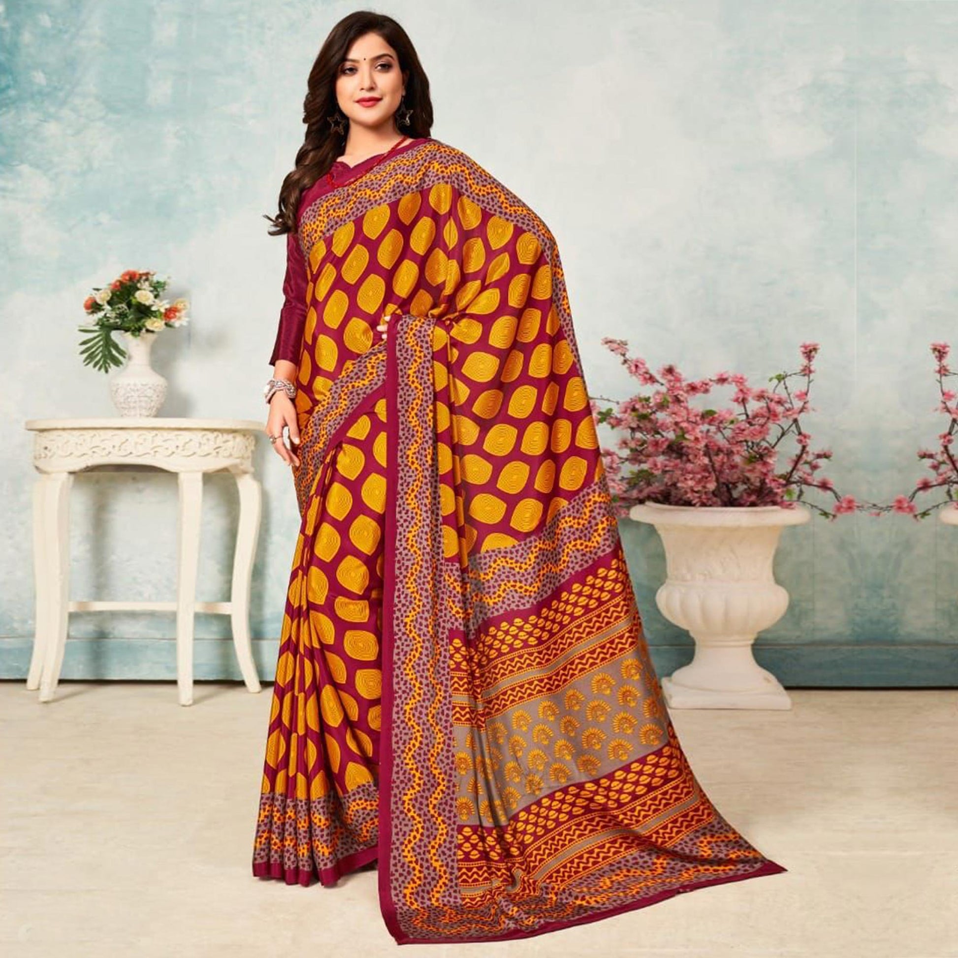 Maroon & Yellow Printed Art Silk Saree