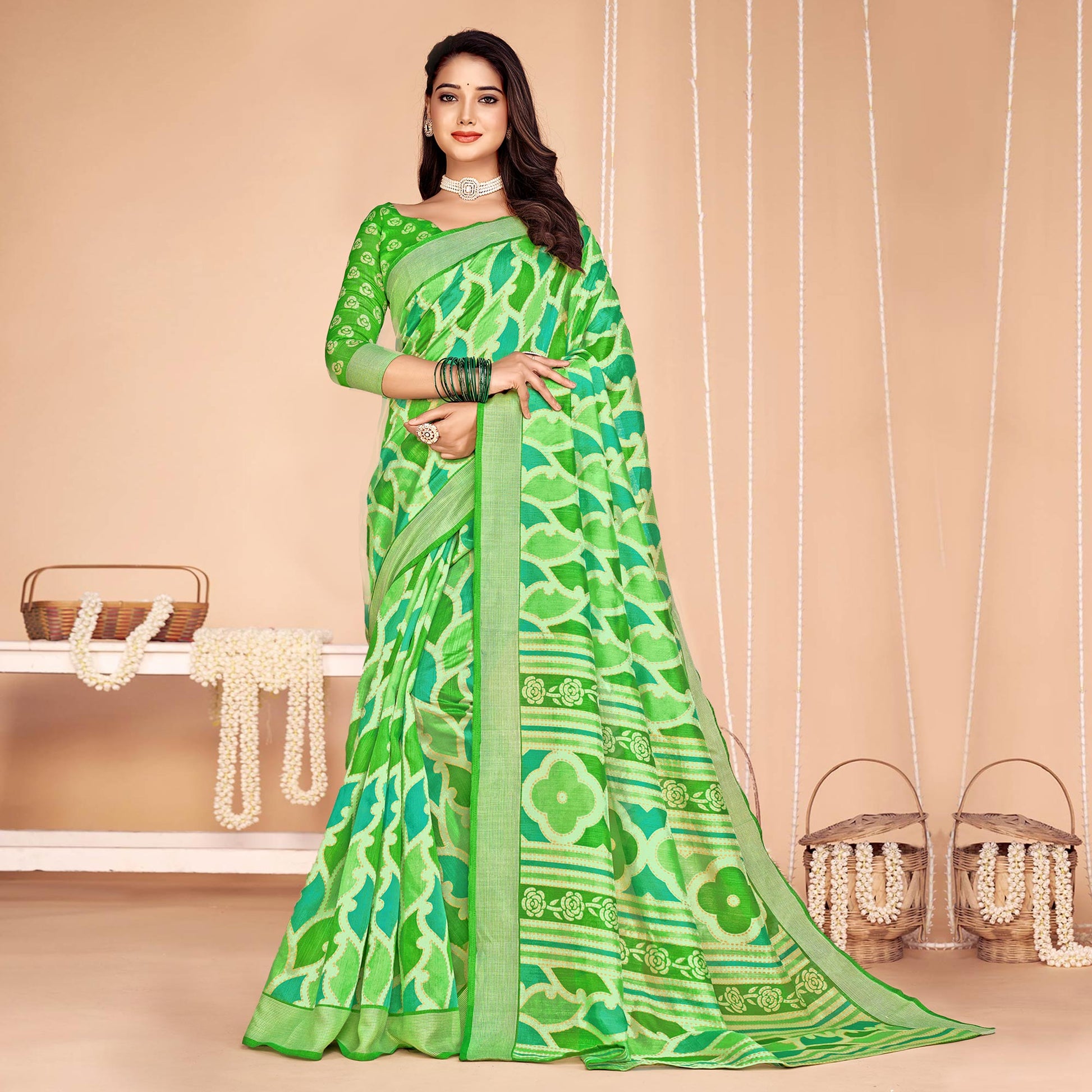 green-printed-tussar-silk-saree