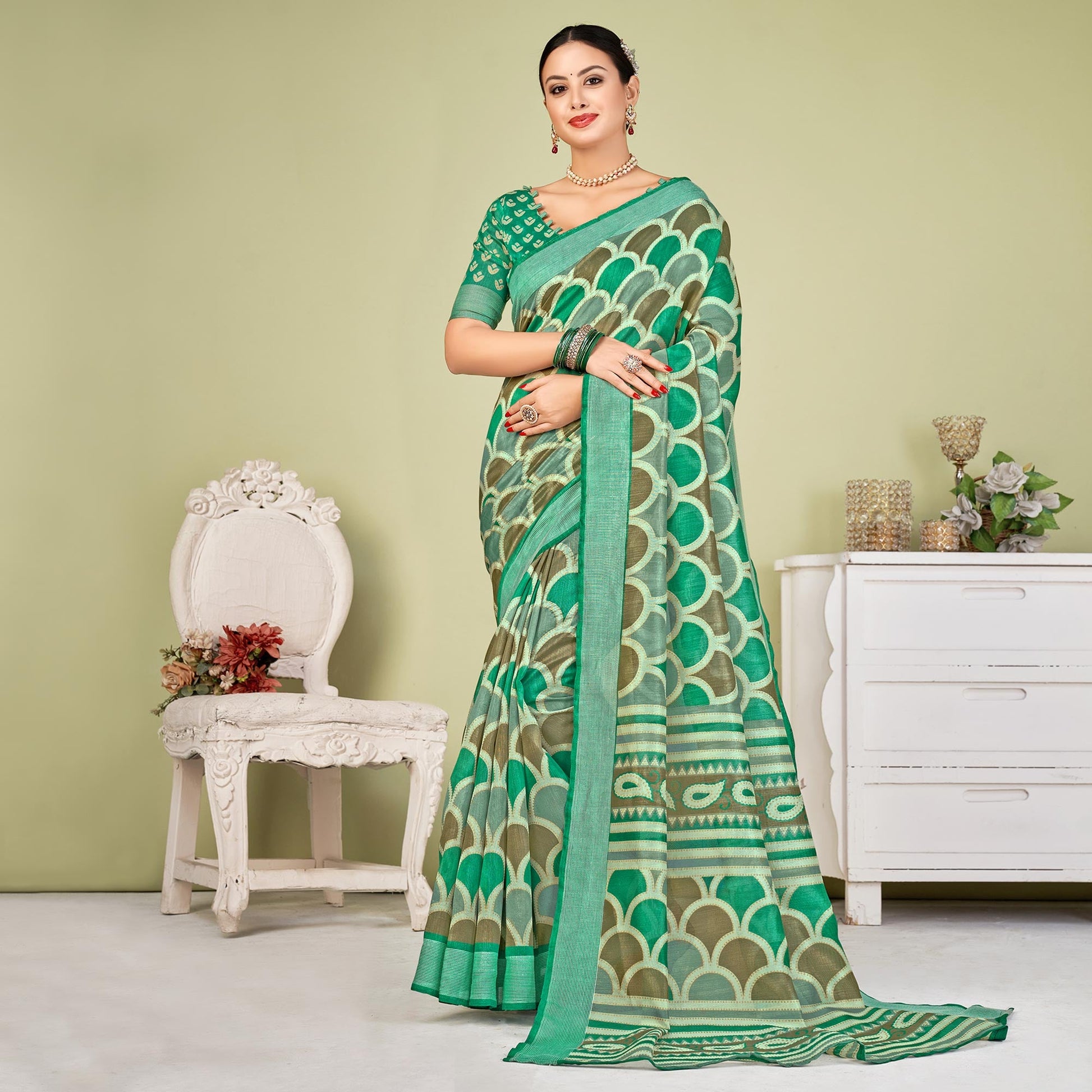 green-printed-tussar-silk-saree-1