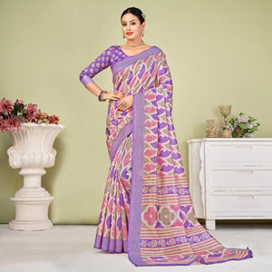 Lavender Printed Tussar Silk Saree