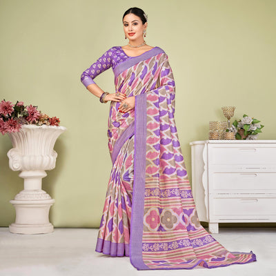 Lavender Printed Tussar Silk Saree