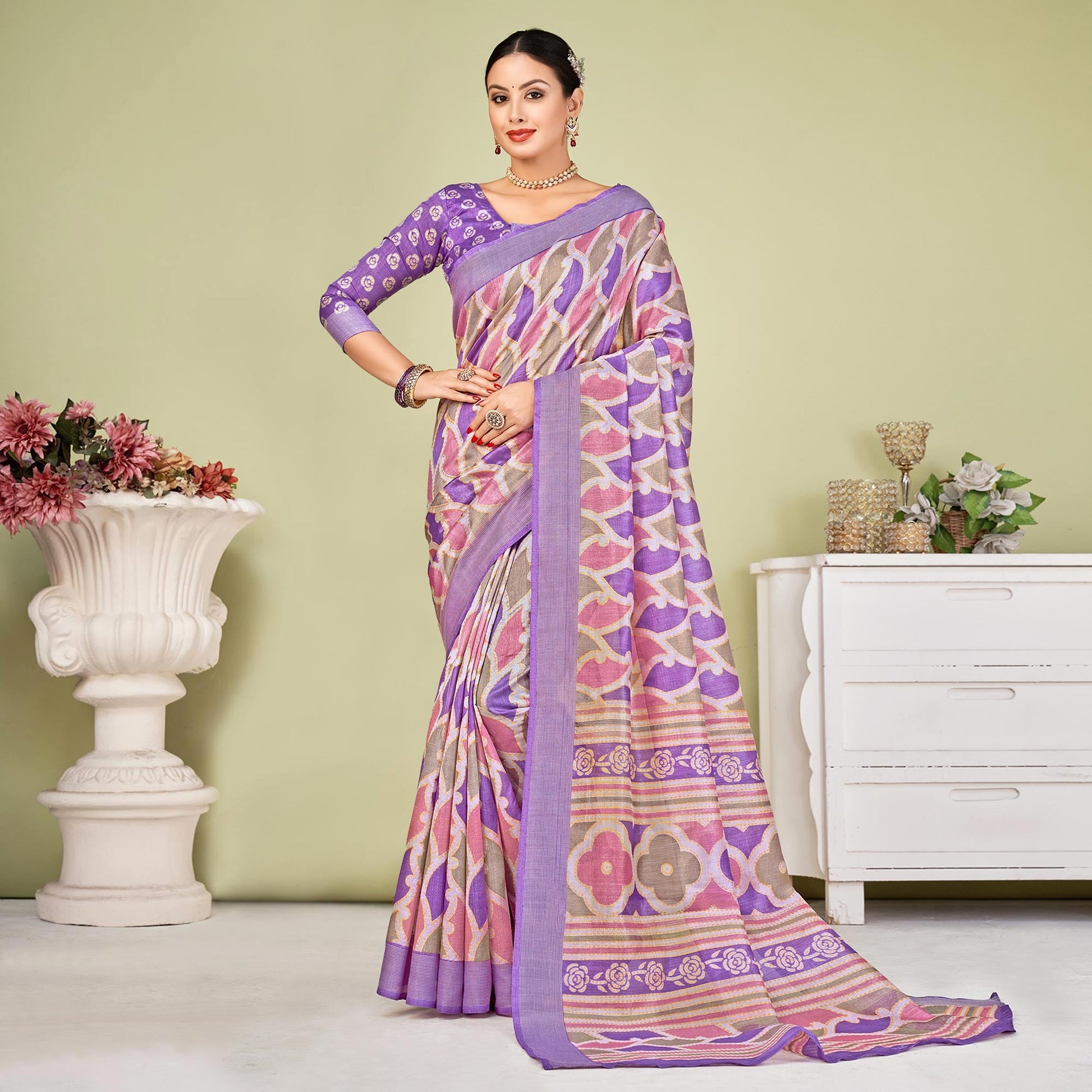 Lavender Printed Tussar Silk Saree