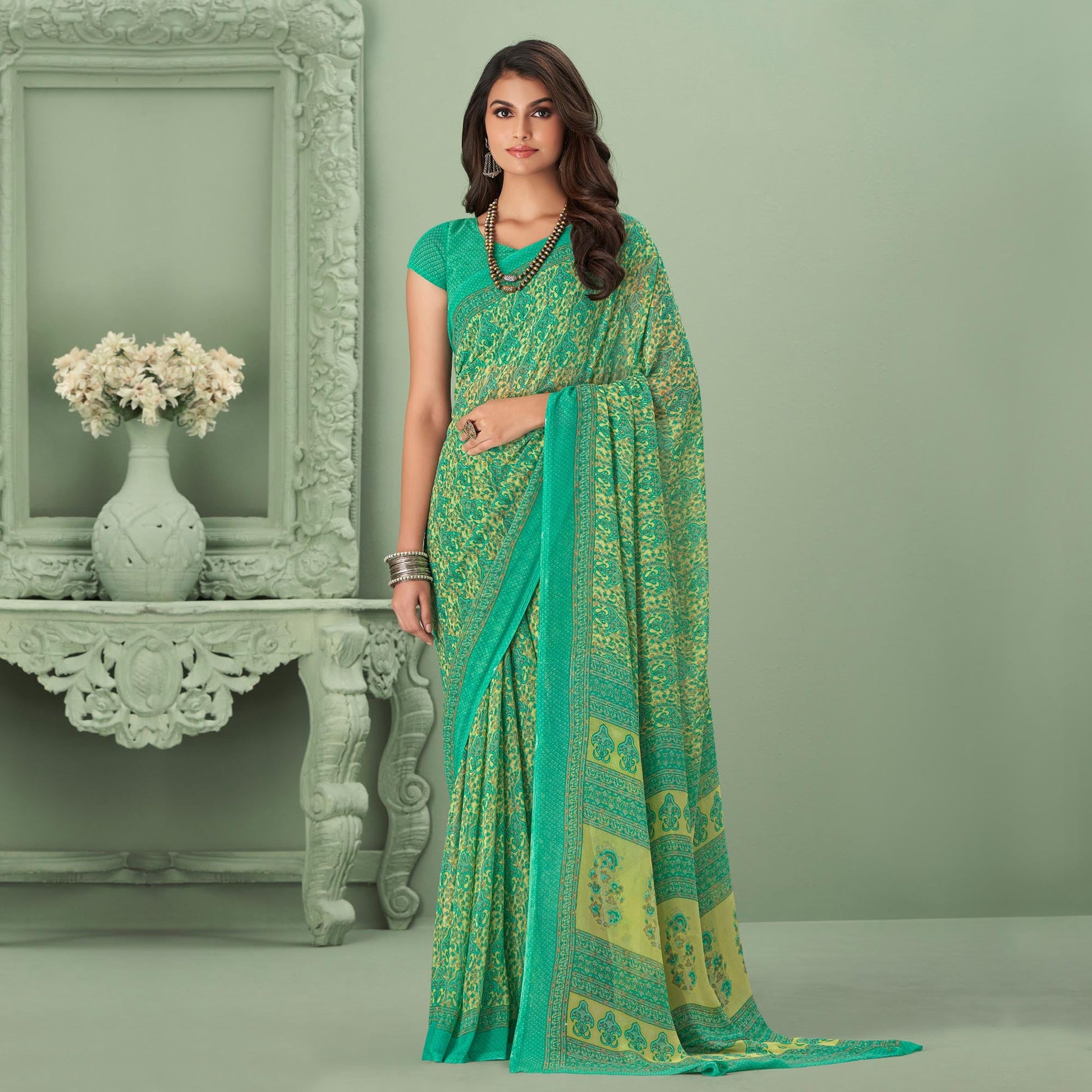 green-printed-georegette-saree