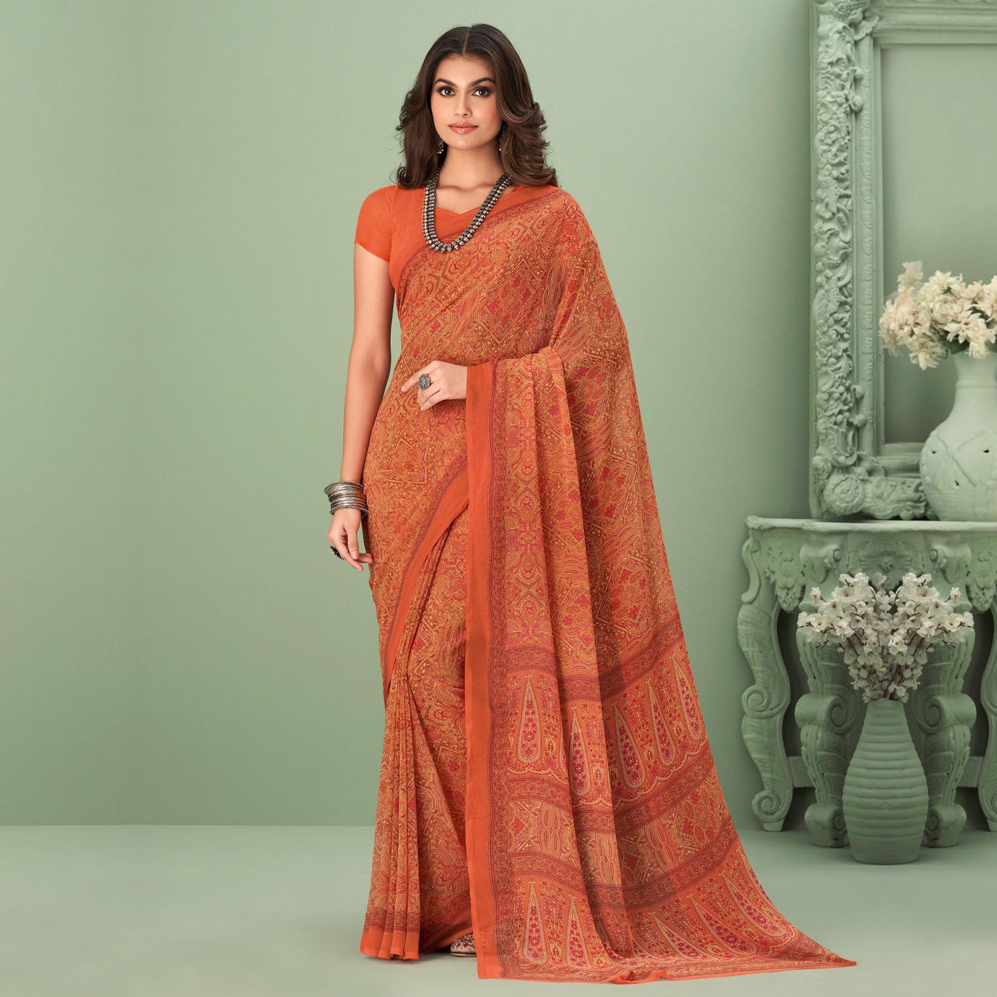 Orange Printed Georgette Saree