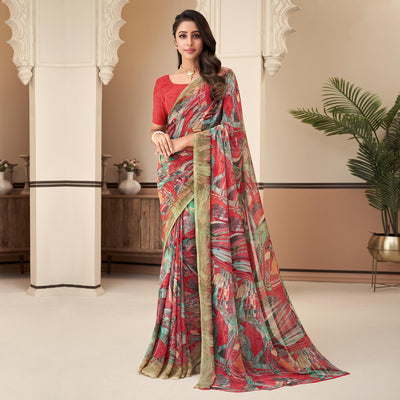 Multicolor Geometric Printed Georgette Saree
