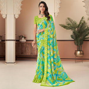 Lemon Green Geometric Printed Georgette Saree