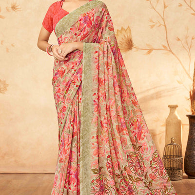 Gajri Pink Floral Printed Georgette Saree
