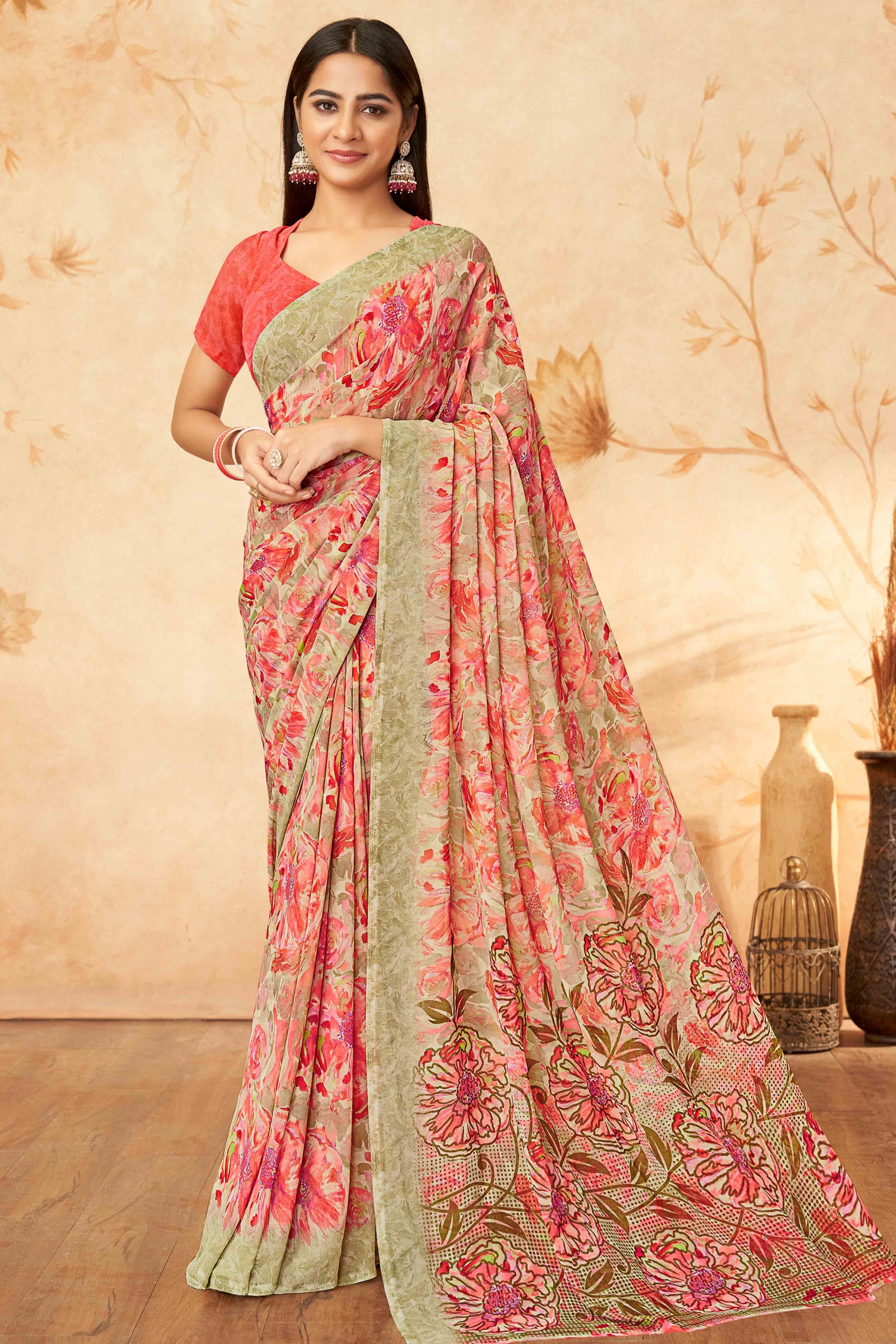 Gajri Pink Floral Printed Georgette Saree