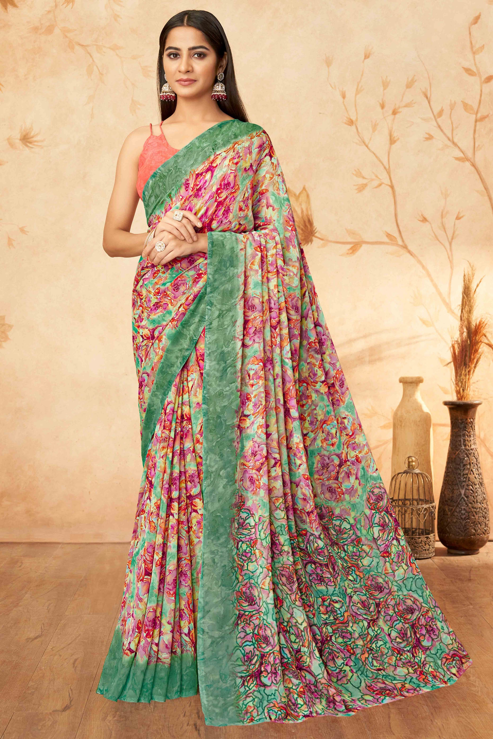green-floral-printed-georgette-saree-21