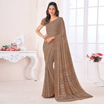 Brown Printed Georgette Saree