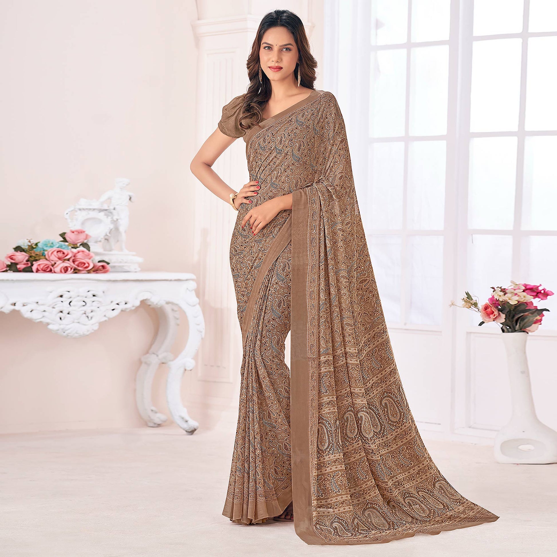 Brown Printed Georgette Saree