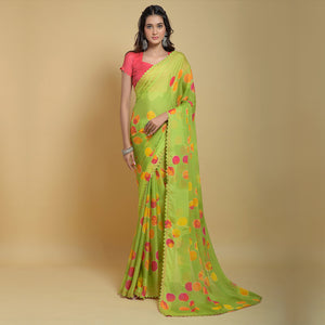 Lime Green Printed Georgette Saree With Swarovski Border