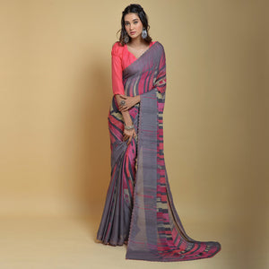 Grey Printed Georgette Saree With Swarovski Border