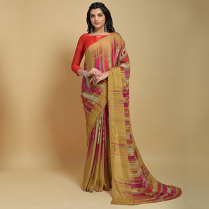 Chikoo Printed Georgette Saree With Swarovski Border