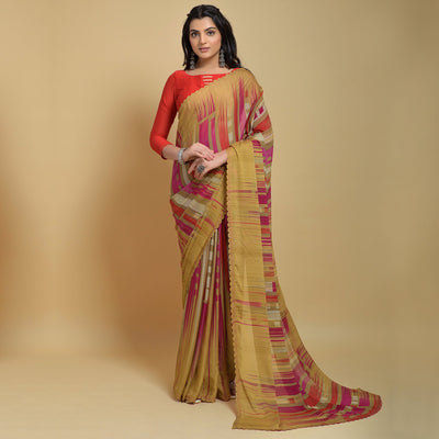 Chikoo Printed Georgette Saree With Swarovski Border