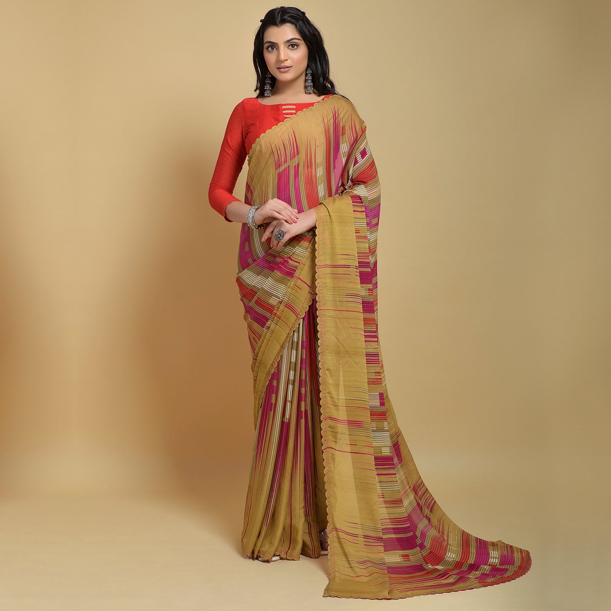 Chikoo Printed Georgette Saree With Swarovski Border