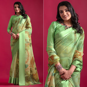 green-floral-digital-printed-linen-saree-with-woven-border