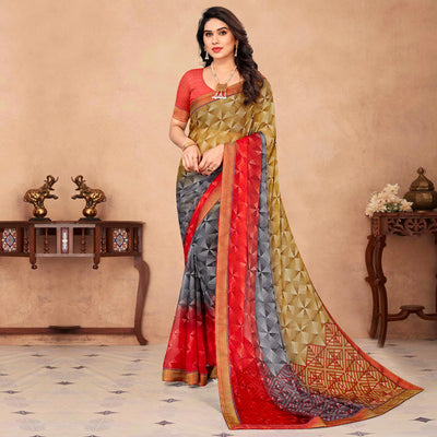 Multicolor Geometric Printed Chiffon Saree
