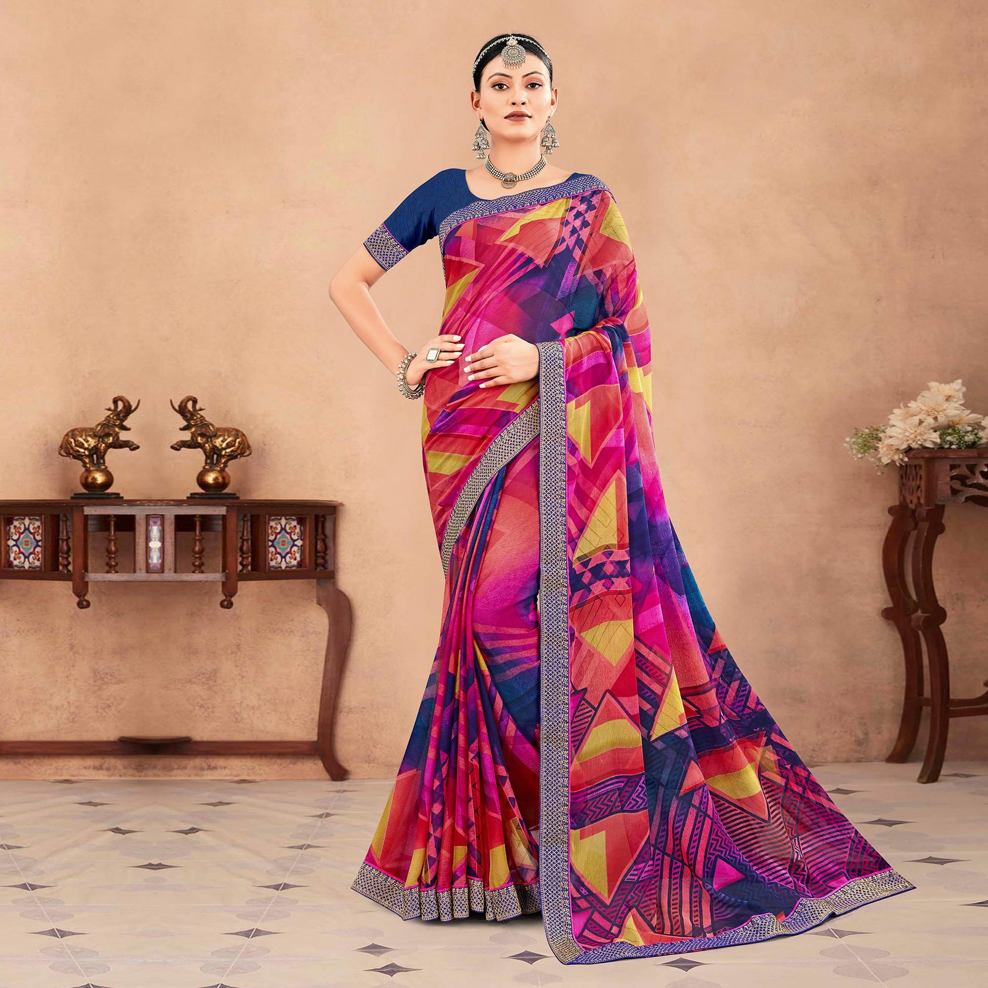 Multicolor Geometric Printed Chiffon Saree