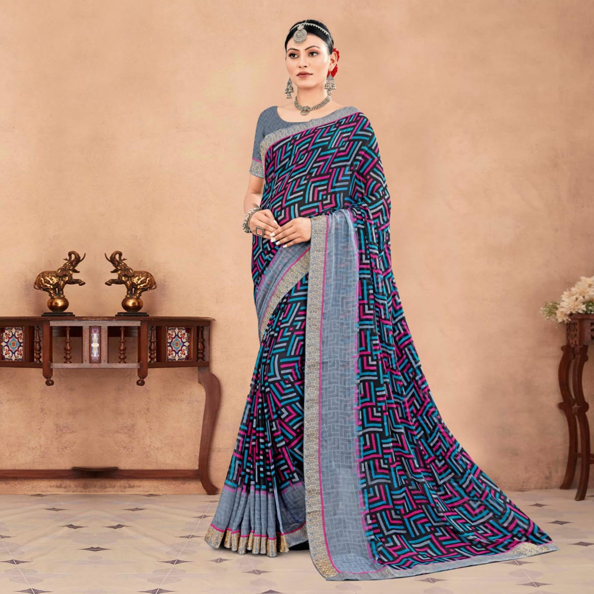 Multicolor Geometric Printed Chiffon Saree