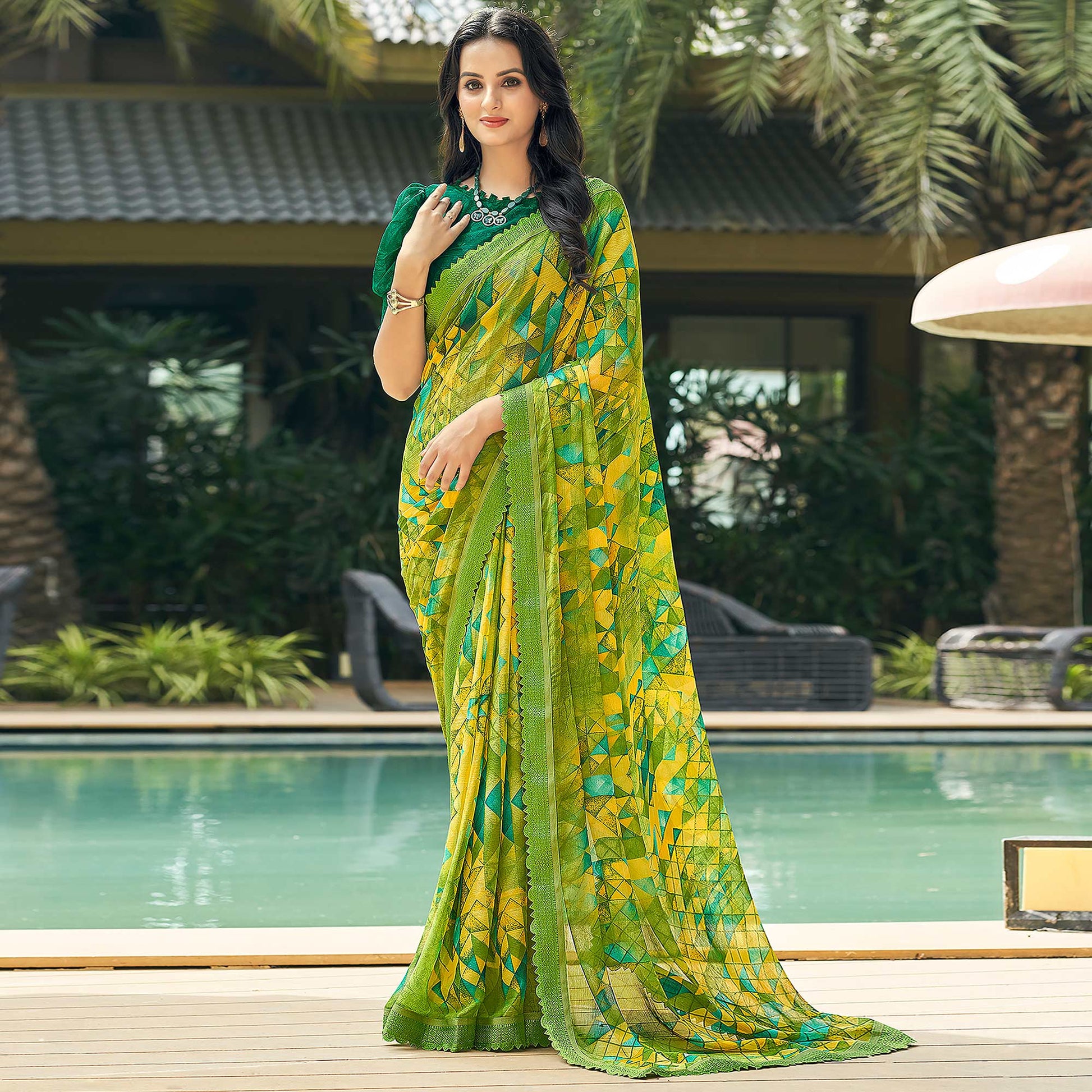 green-geometric-printed-chiffon-saree-5