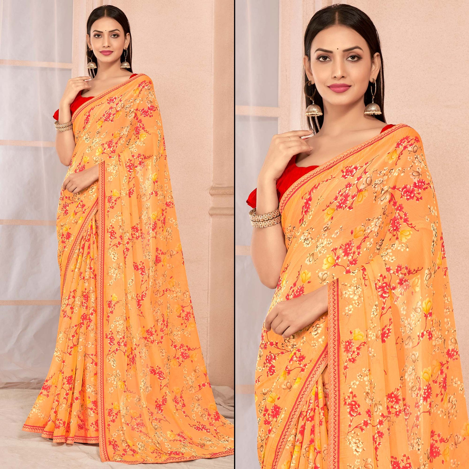 Light Orange Floral Printed Chiffon Saree With Lace Border