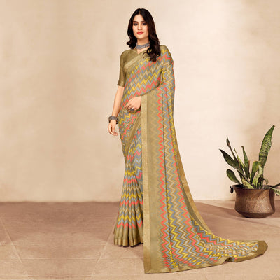 Chikoo Printed Chiffon Saree With Lace Border