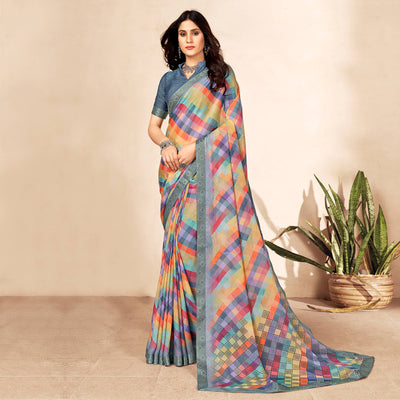 Grey Printed Chiffon Saree With Lace Border