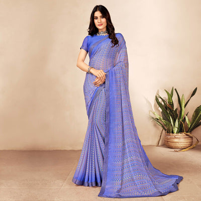 Light Purple Printed Chiffon Saree With Lace Border