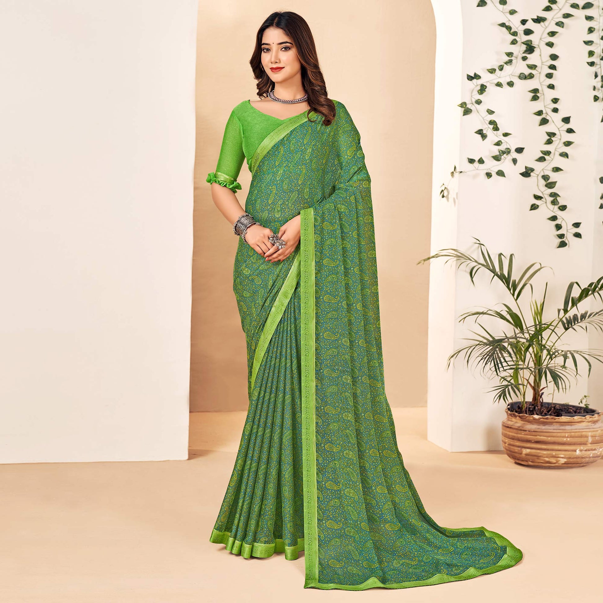green-floral-printed-chiffon-saree-with-lace-border-1