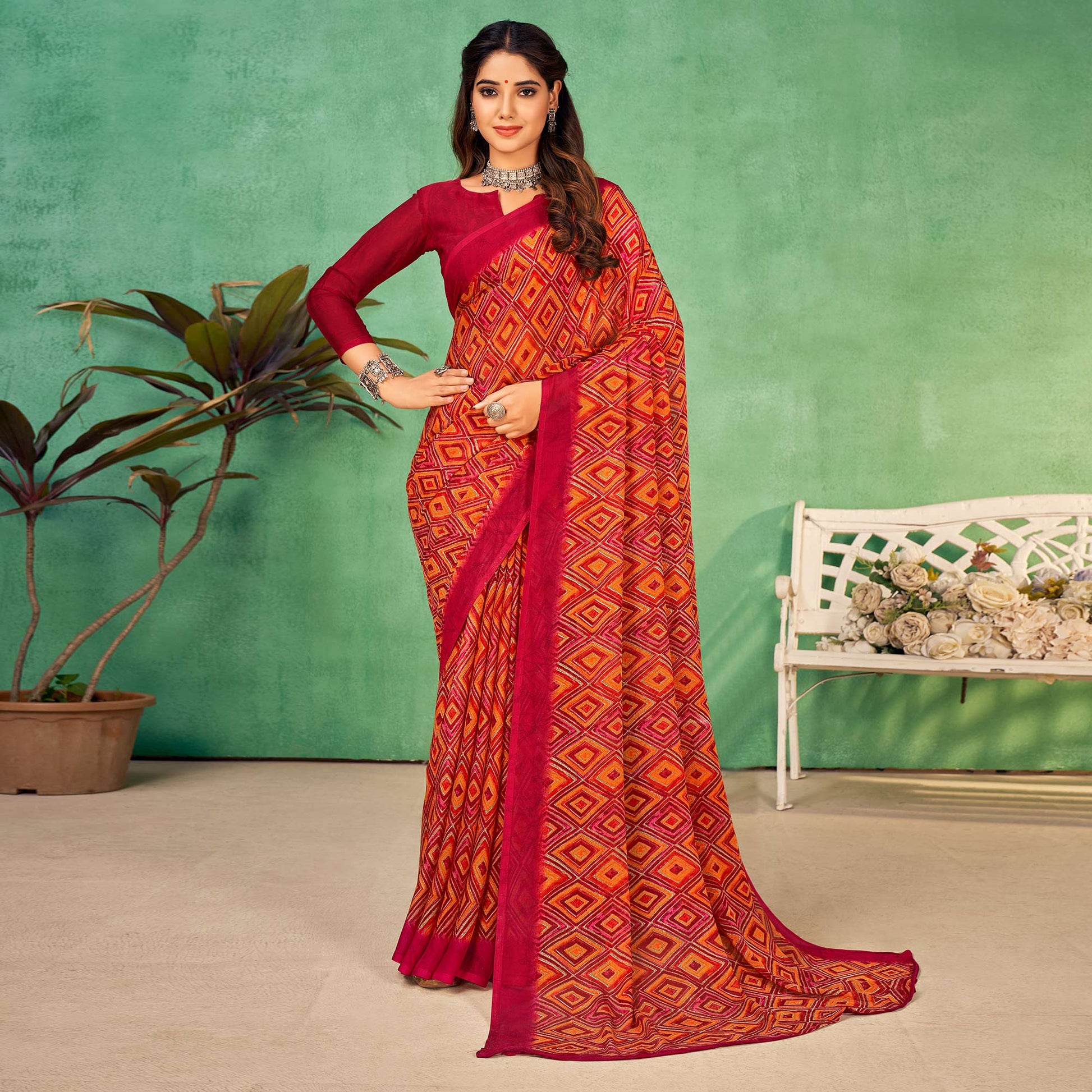 Magenta Geometric Printed Chiffon Saree