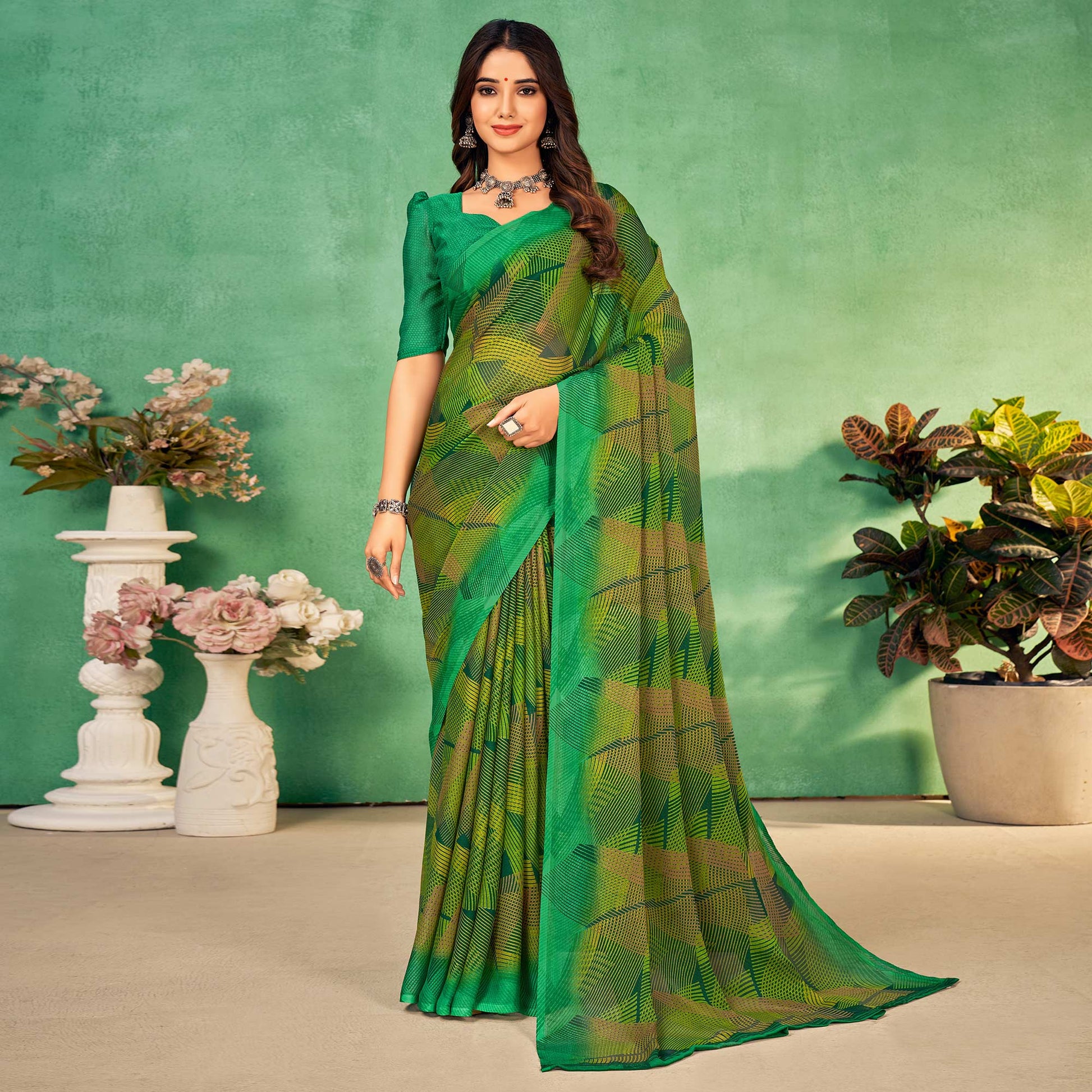 green-geometric-printed-chiffon-saree-1