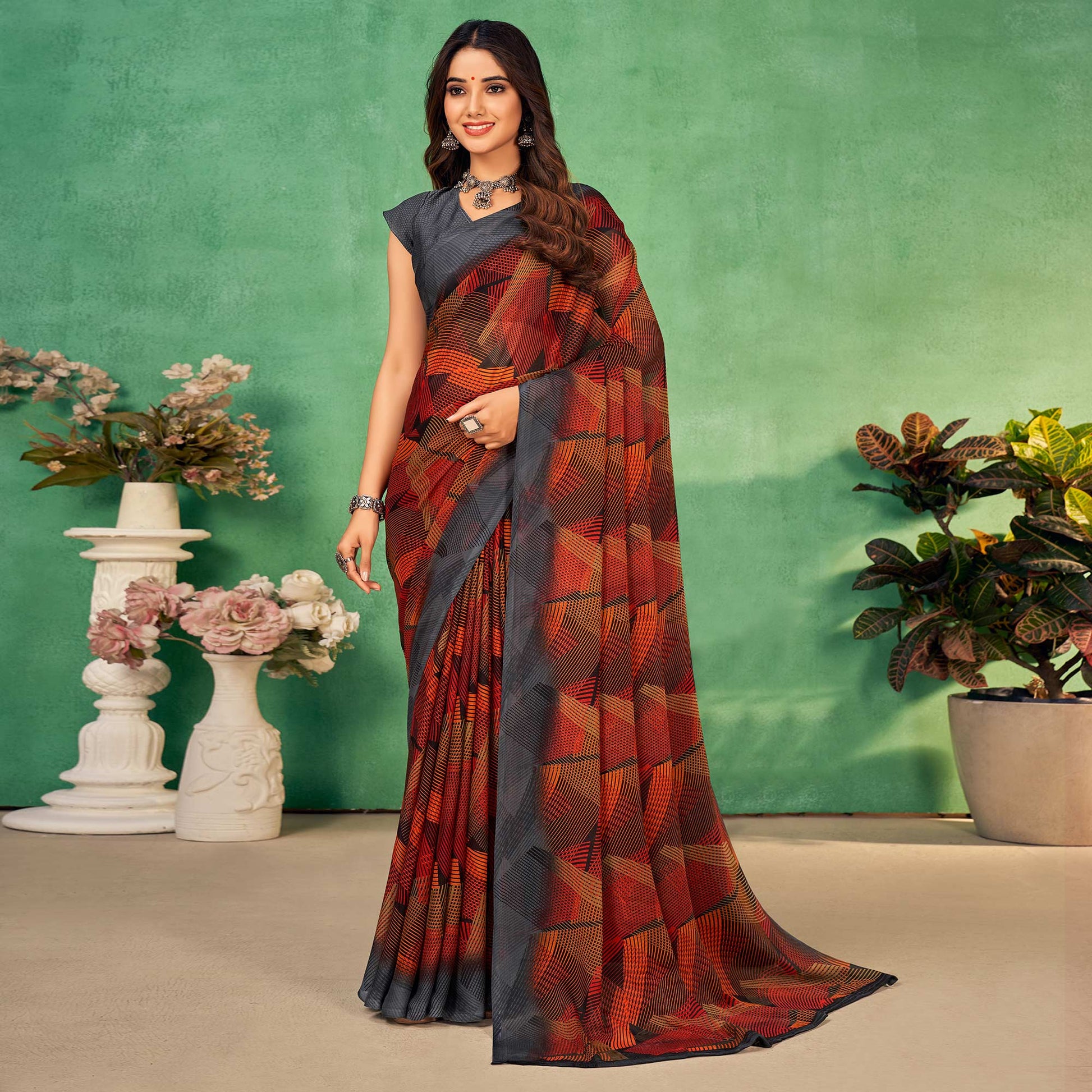 Multicolor Geometric Printed Chiffon Saree