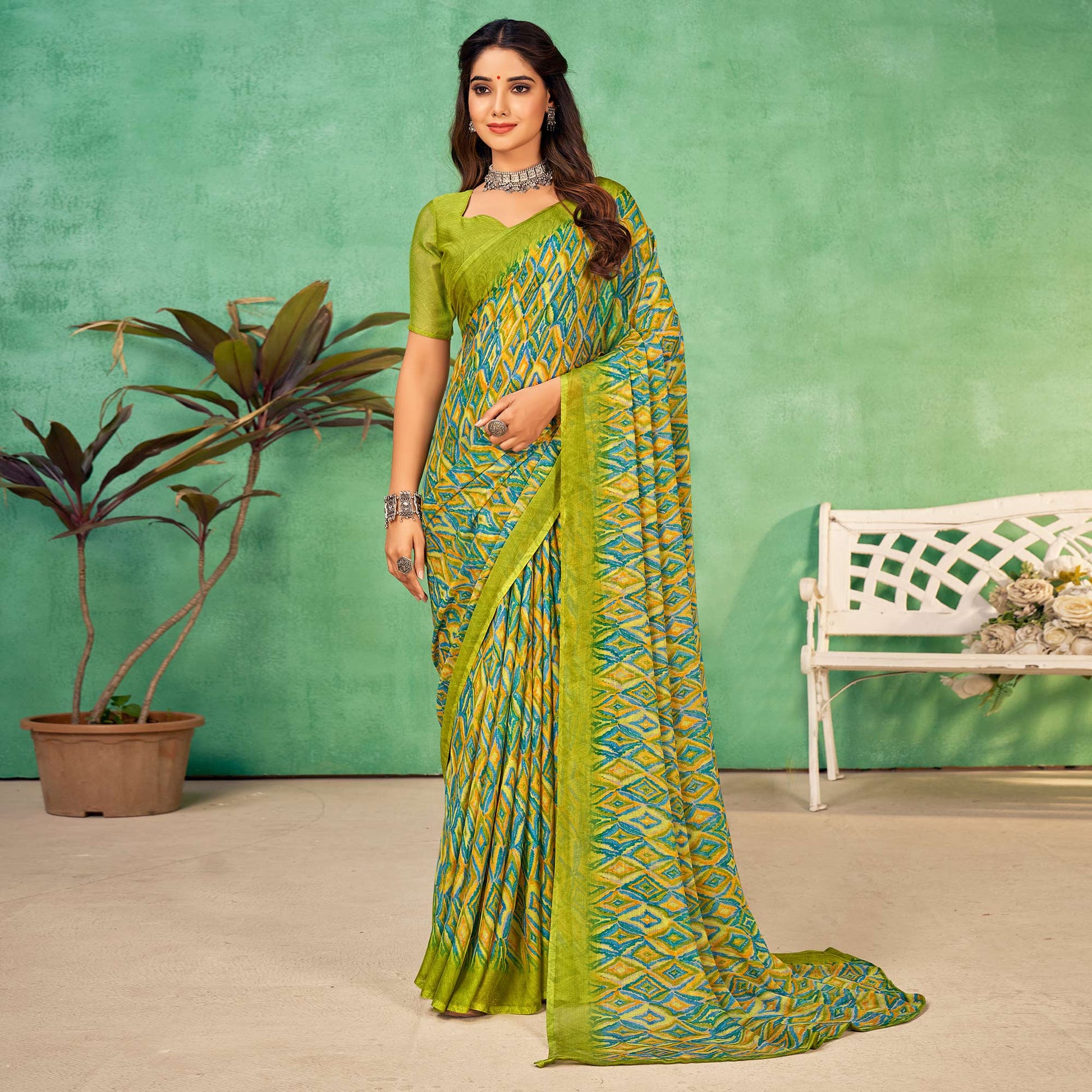 green-printed-chiffon-saree-8
