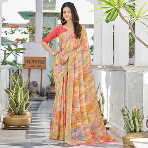 Chikoo Geometric Printed Chiffon Saree