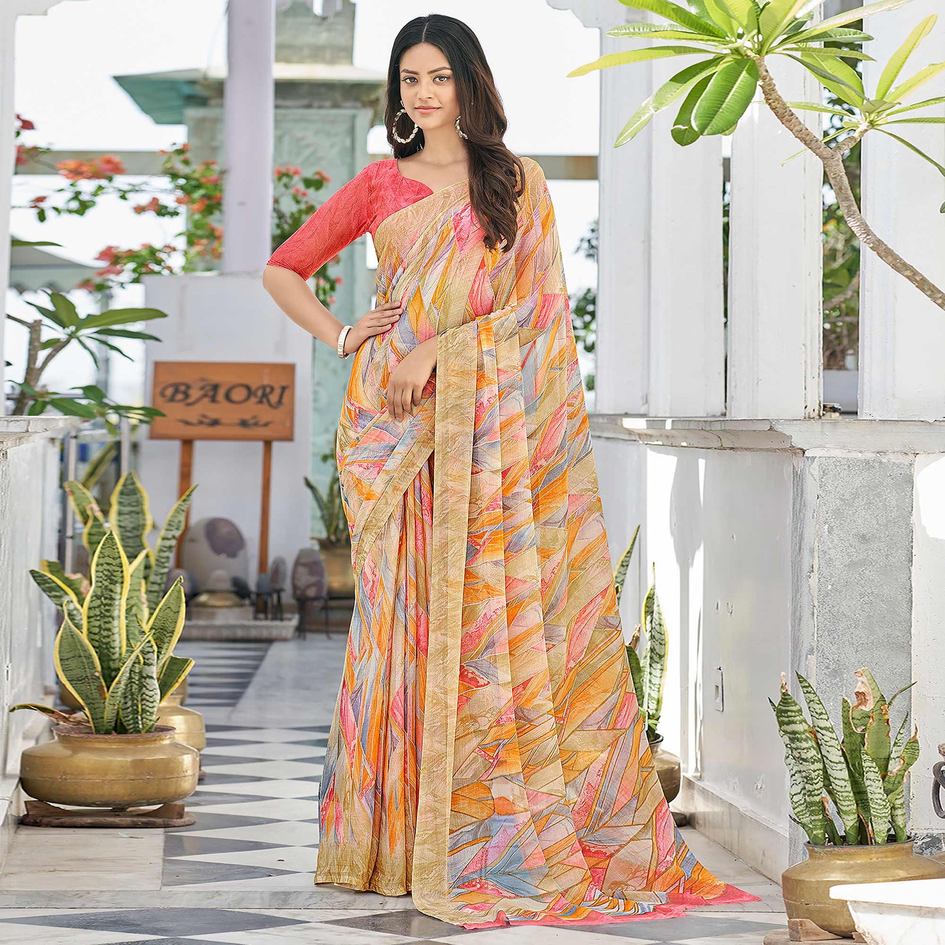 Chikoo Geometric Printed Chiffon Saree