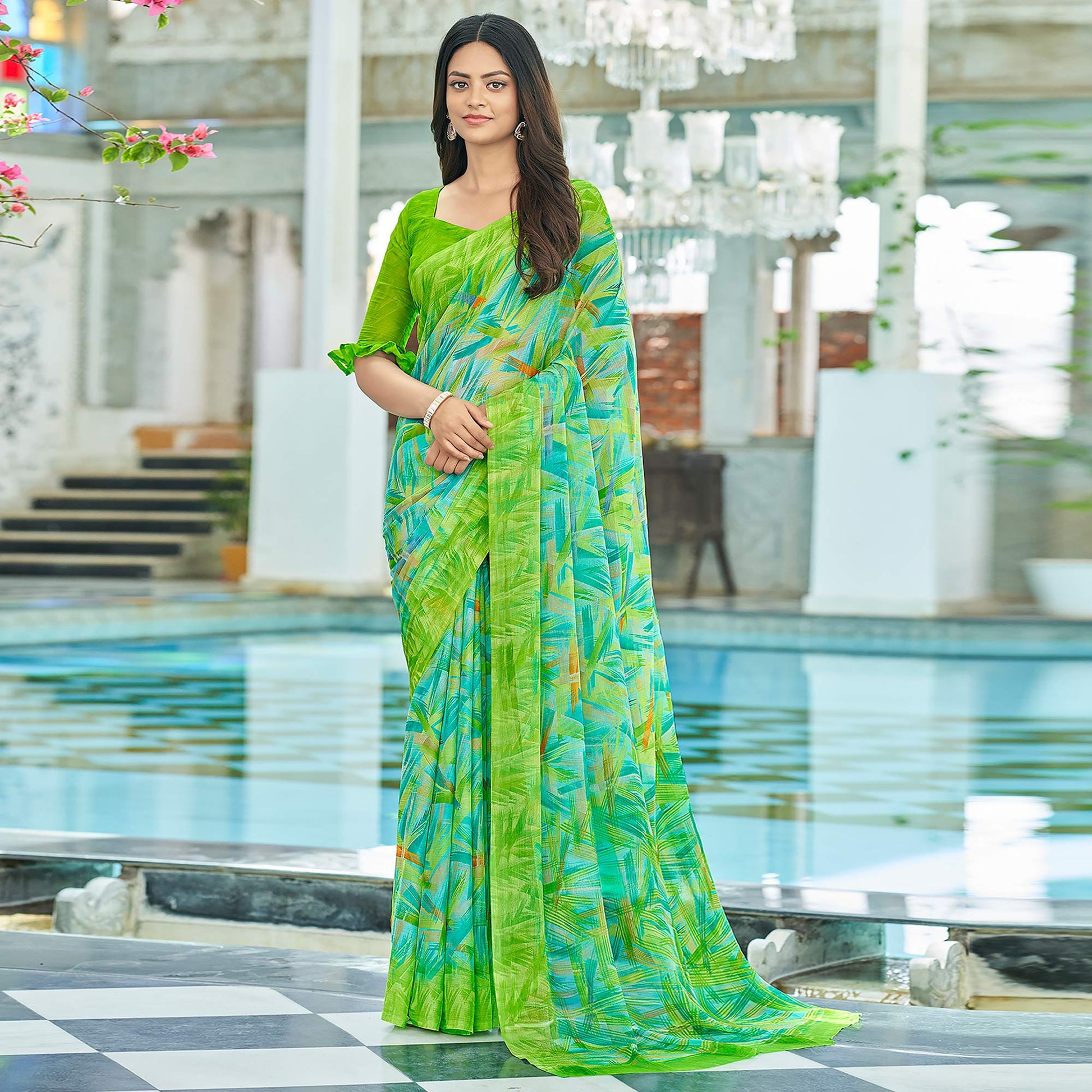 green-geometric-printed-chiffon-saree-2