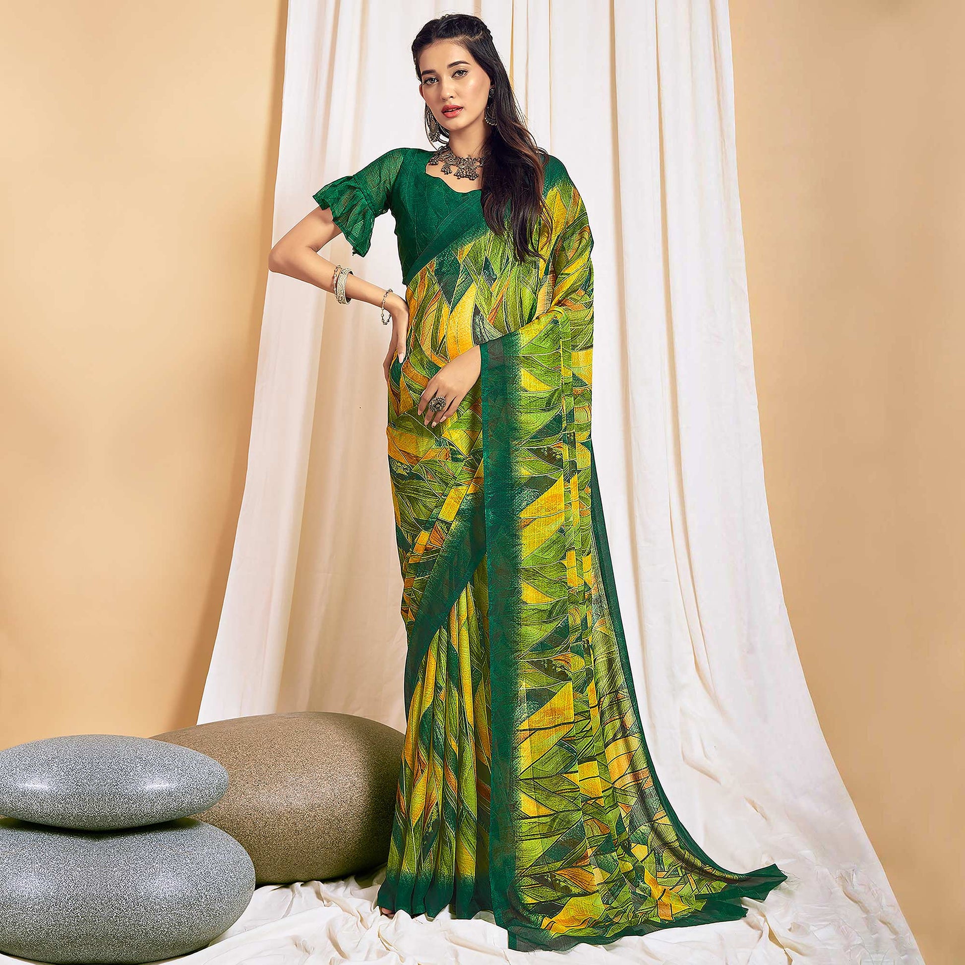green-printed-chiffon-saree-7