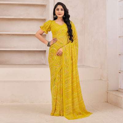 Lemon Yellow Bandhani Printed Chiffon Saree