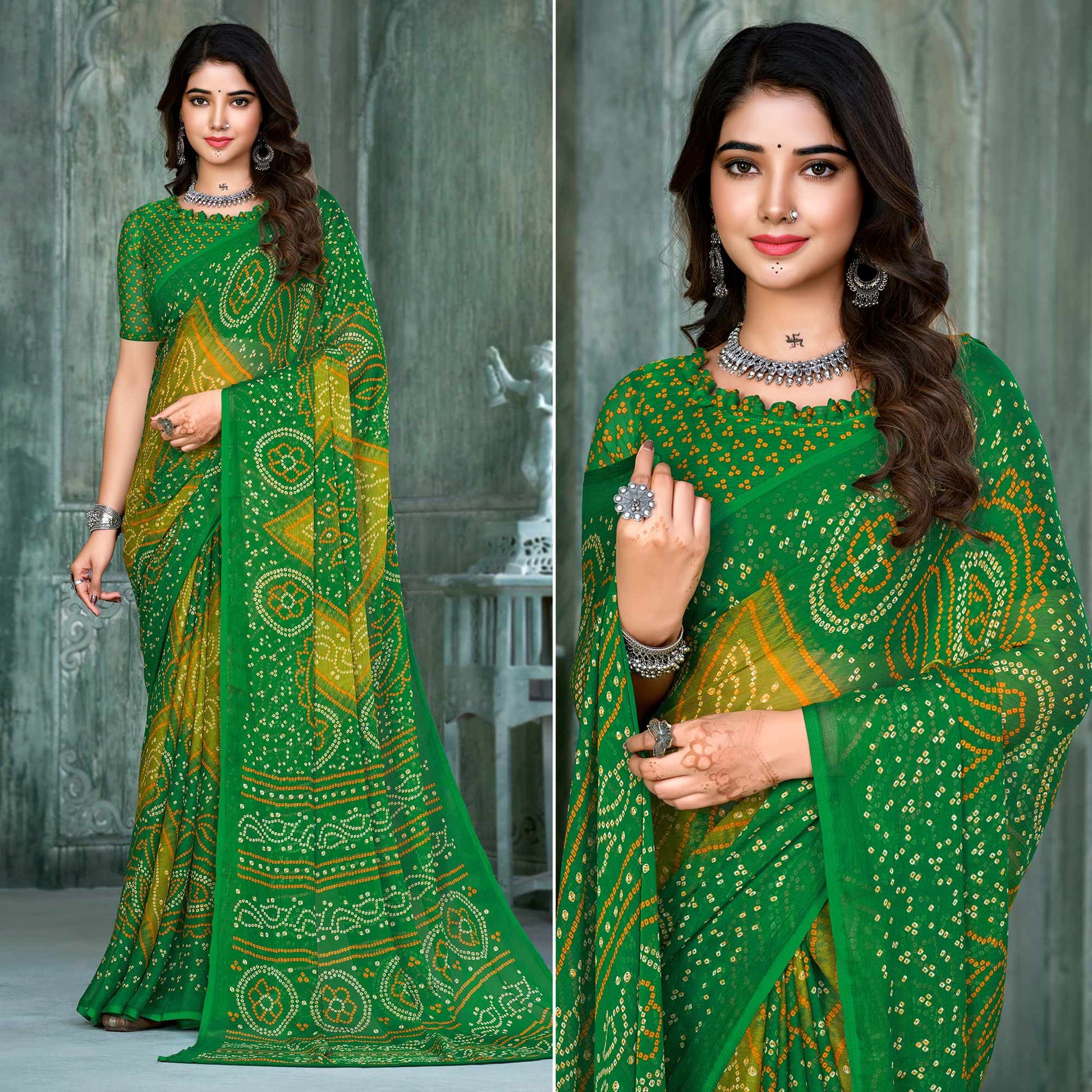 green-lemon-yellow-bandhani-printed-chiffon-saree